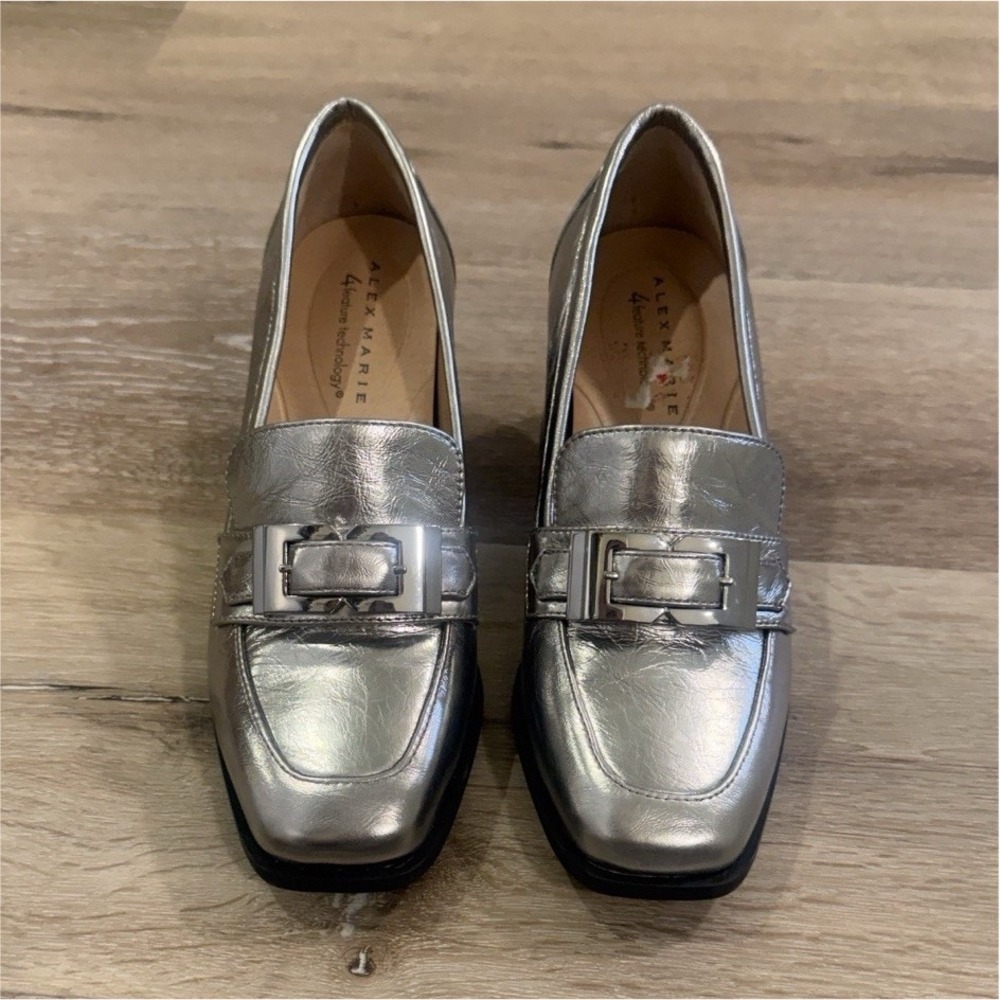 Alex Marie Silver Metallic Leather Loafers with Buckle Accent